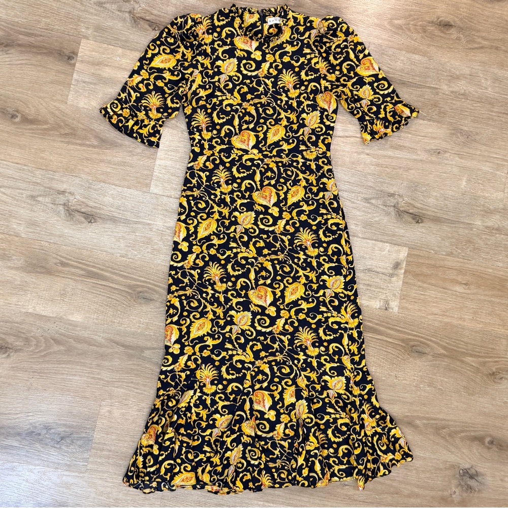 RHODE Felix Dress Black Yellow Gold Patterned Flare Midi - Picture 6 of 14